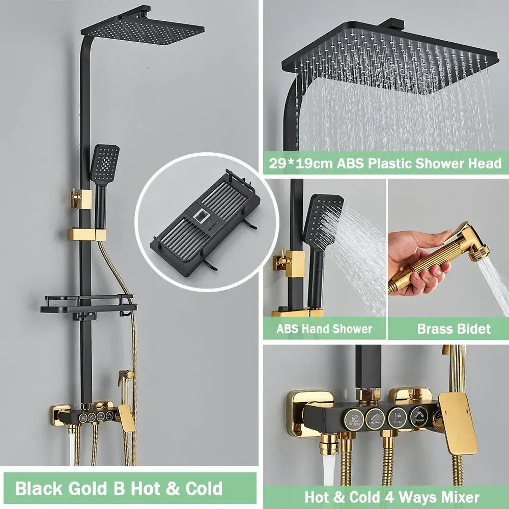 Matte black digital rainfall shower faucet set featuring a black and gold shower faucet with rainhead bidet and mixer valve