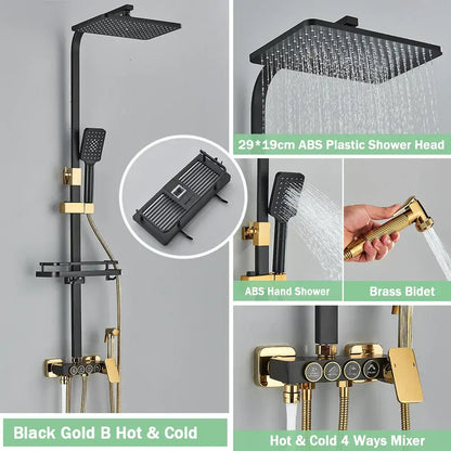 Matte black digital rainfall shower faucet set featuring a black and gold shower faucet with rainhead bidet and mixer valve