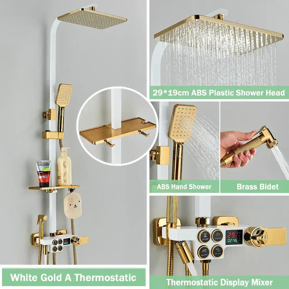 Gold finished shower faucet set with square rainhead handheld sprayer and digital thermostatic mixer for bathroom use