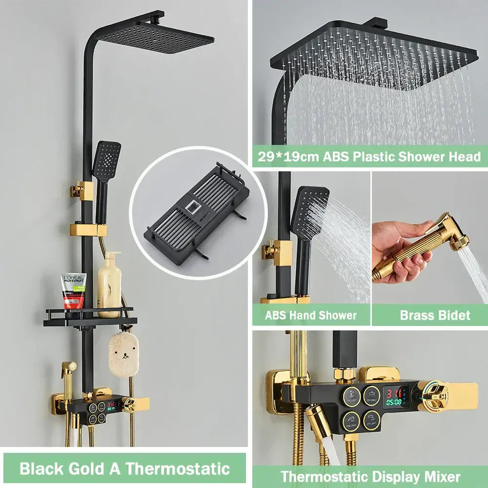 Matte black digital rainfall shower faucet set with thermostatic control brass bidet and square rainhead shower faucet set