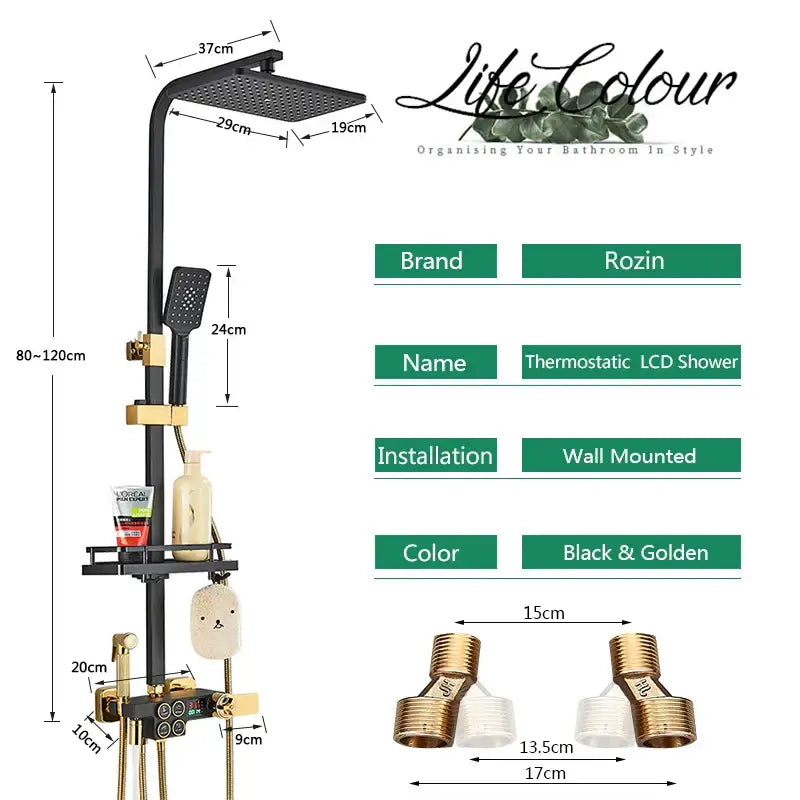 Matte black digital rainfall shower faucet set with a black and golden thermostatic lcd and integrated shelf