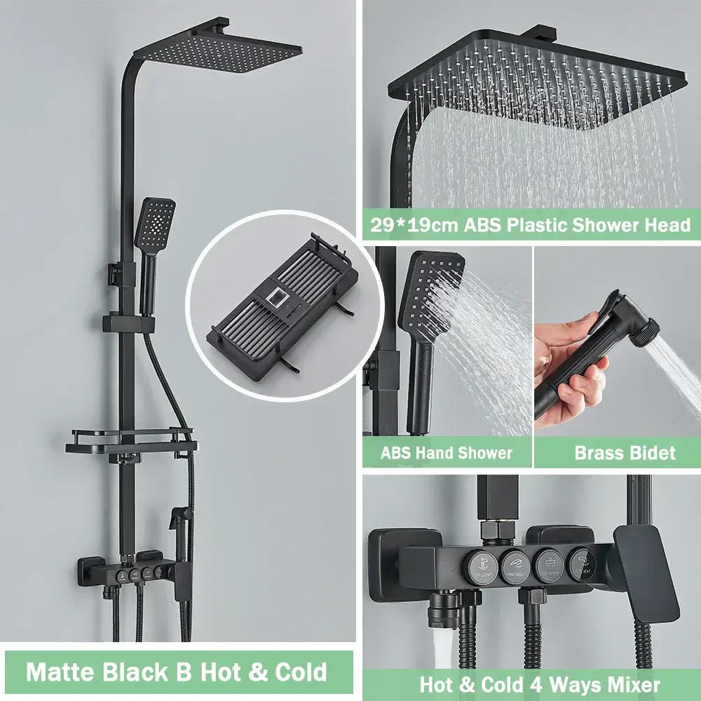 Matte black digital rainfall shower faucet set with square rainhead handheld shower and brass bidet faucet set