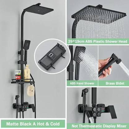 Matte black digital rainfall shower faucet set with square rainhead handheld shower and brass bidet faucet set for bathroom