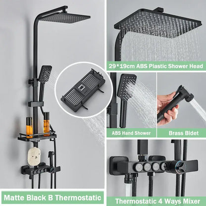 Matte black digital rainfall shower faucet set with square rainhead handheld shower and brass bidet for bathroom use