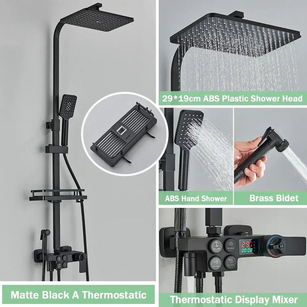 Matte black digital rainfall shower faucet set with square rainhead handheld shower and brass bidet mixer for bathroom