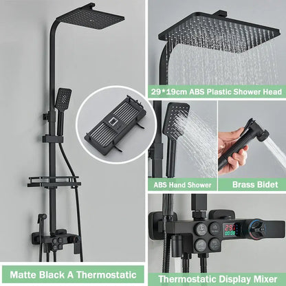 Matte black digital rainfall shower faucet set with square rainhead handheld shower and brass bidet mixer for bathroom