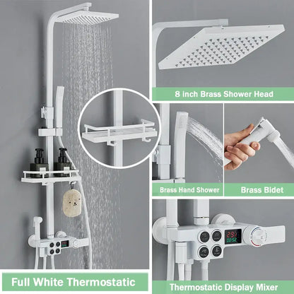 Full white thermostatic shower faucet set with 8-inch brass rainhead hand shower bidet and digital display mixer