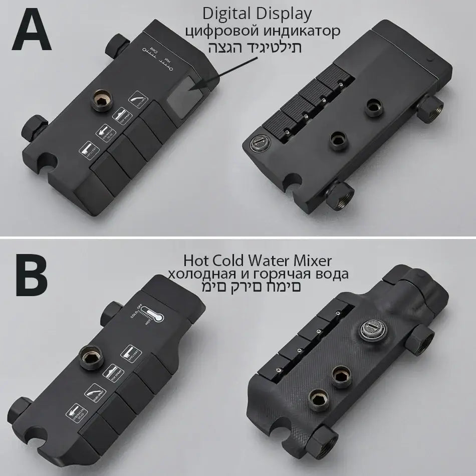 Matte black digital rainfall shower system bathroom faucet kit with black digital display and textured grip mixer
