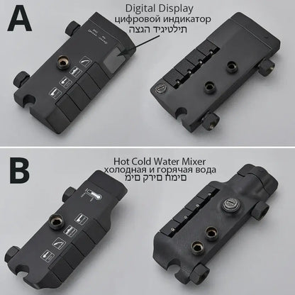 Matte black digital rainfall shower system bathroom faucet kit with black digital display and textured grip mixer