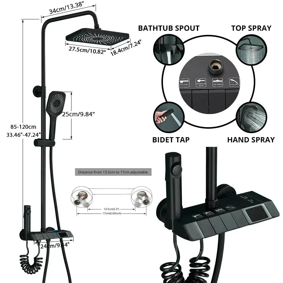 Matte black digital rainfall shower system with rectangular rainhead handheld shower and integrated control panel decorbites digital