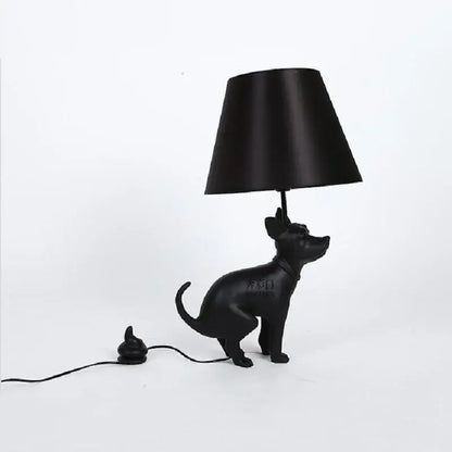 Matte black resin dog floor lamp with conical shade and poop-themed plug adapter for decorbites big dog led lighting