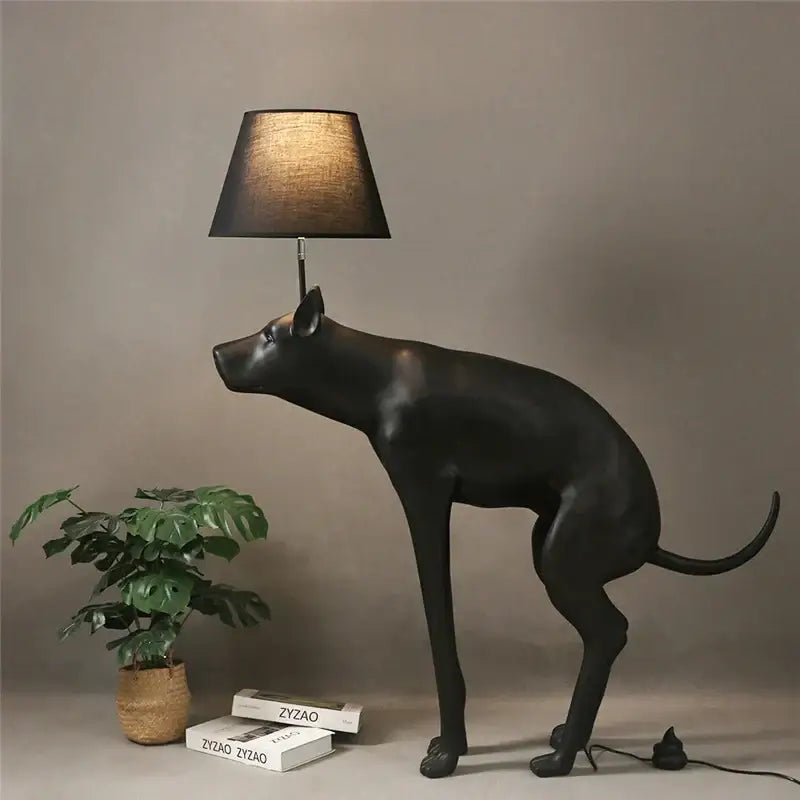 Matte black dog led floor lamp with glossy dog base, conical shade, and decorbites big dog poop emoji plug cord