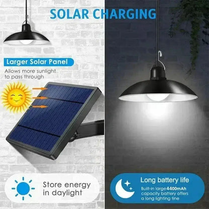 Matte black double head solar pendant light with dome shade and integrated panel for indoor and outdoor use