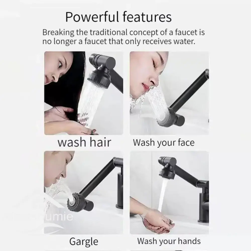 Matte black dual function swivel faucet with black matte finish and adjustable spray head for hair face gargling and hand washing