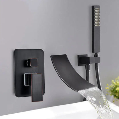 Matte black decorbites dual handle bathtub faucet set with waterfall shower faucet and handheld showerhead wall mounted