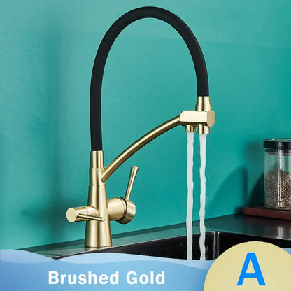 Matte black dual handle kitchen faucet with brushed gold finish, flexible black rubber hose, and filtered water spout decorbites black