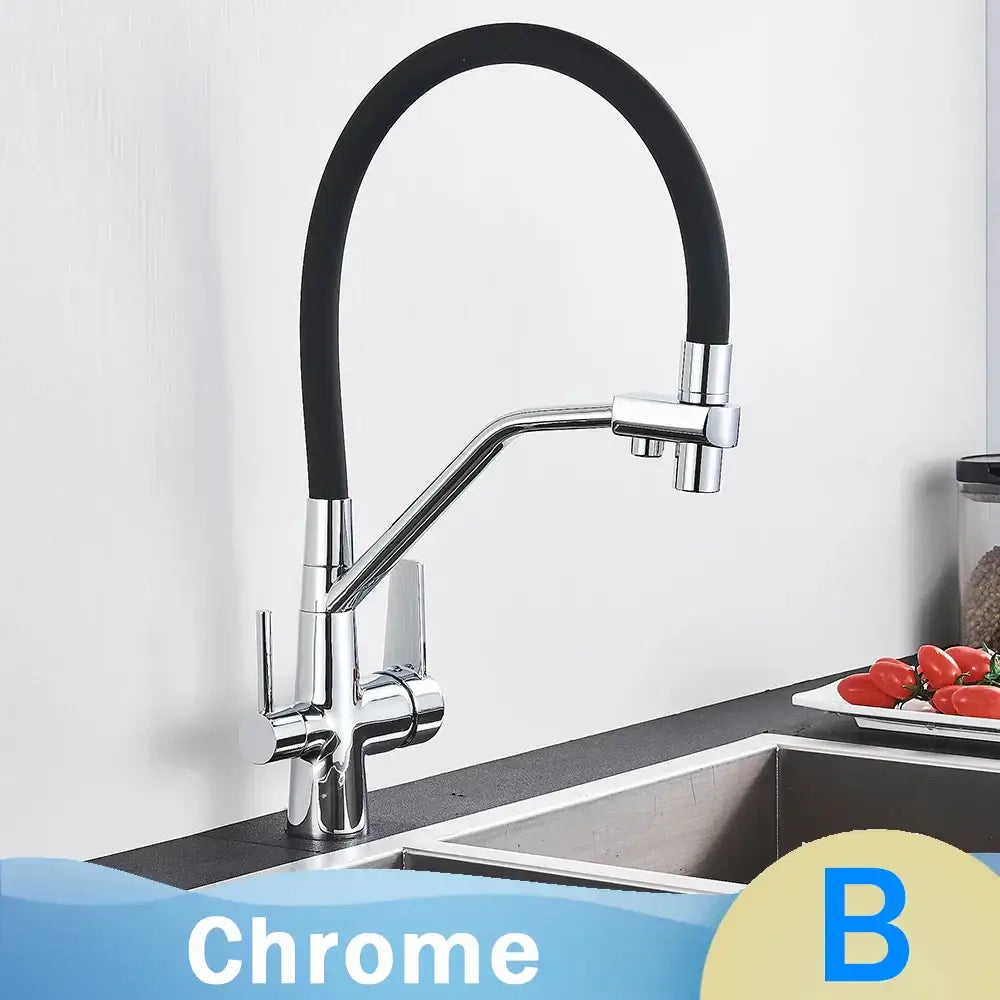 Matte black decorbites kitchen faucet with dual handles, chrome finish, flexible black rubber hose, and filtered water spout