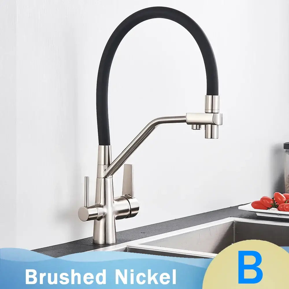 Matte black dual handle kitchen faucet with filtered water spout and brushed nickel pull-down spray head by decorbites black