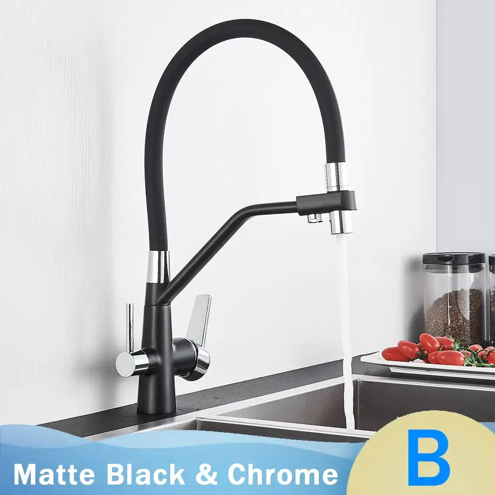 Matte black decorbites kitchen faucet with dual handles chrome flexible gooseneck and filtered water spout
