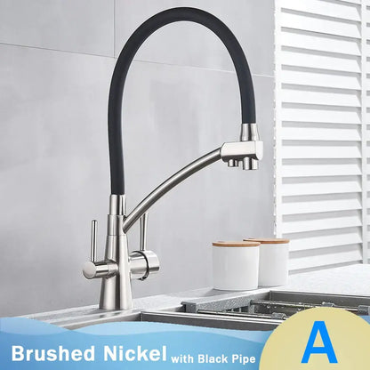 Modern kitchen faucet with brushed nickel finish and black flexible hose for filtered water by decorbites black
