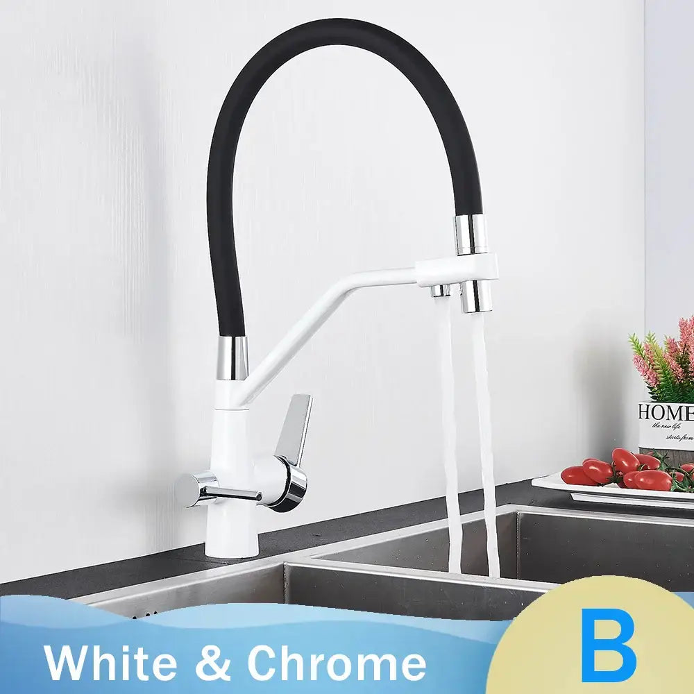 Matte black dual handle kitchen faucet with filtered water spout and flexible black rubber hose by decorbites black