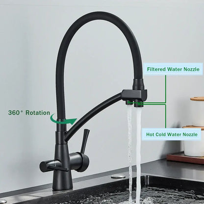 Matte black dual handle kitchen faucet with flexible gooseneck spout and filtered water by decorbites black