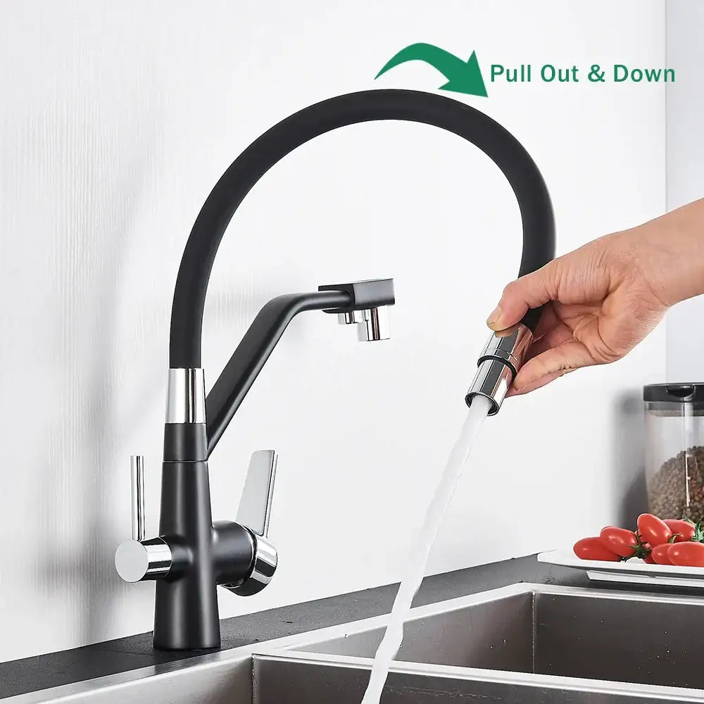 Matte black dual handle kitchen faucet with chrome accents pull-out spray head and filtered water spout decorbites black