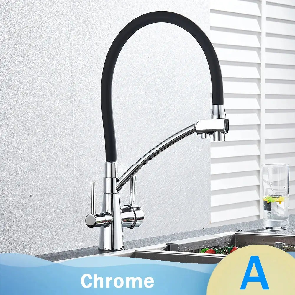 Chrome finished kitchen faucet with flexible black rubber hose dual handles for filtered water by decorbites black
