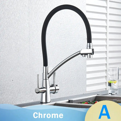 Chrome finished kitchen faucet with flexible black rubber hose dual handles for filtered water by decorbites black
