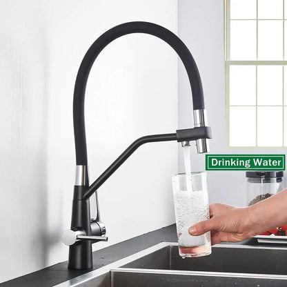Matte black dual handle kitchen faucet with flexible gooseneck spout and chrome accents for filtered water decorbites black