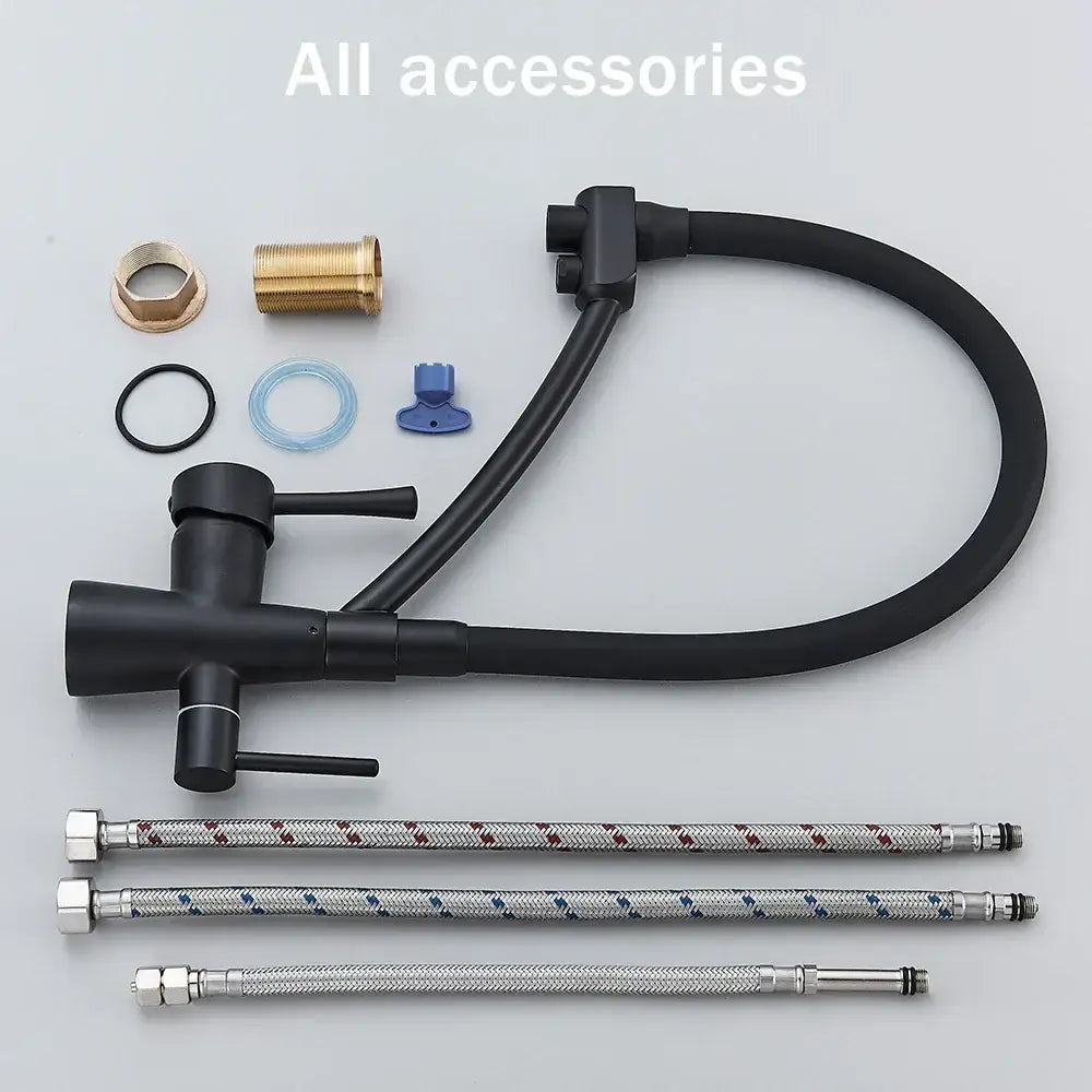 Matte black dual handle kitchen faucet with filtered water spout and accessories by decorbites black finish