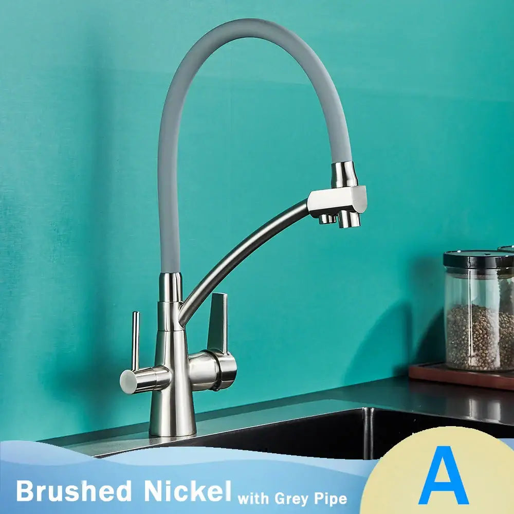 Matte black dual handle kitchen faucet with filtered water spout and brushed nickel flexible pipe by decorbites black