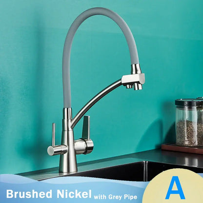 Matte black dual handle kitchen faucet with filtered water spout and brushed nickel flexible pipe by decorbites black