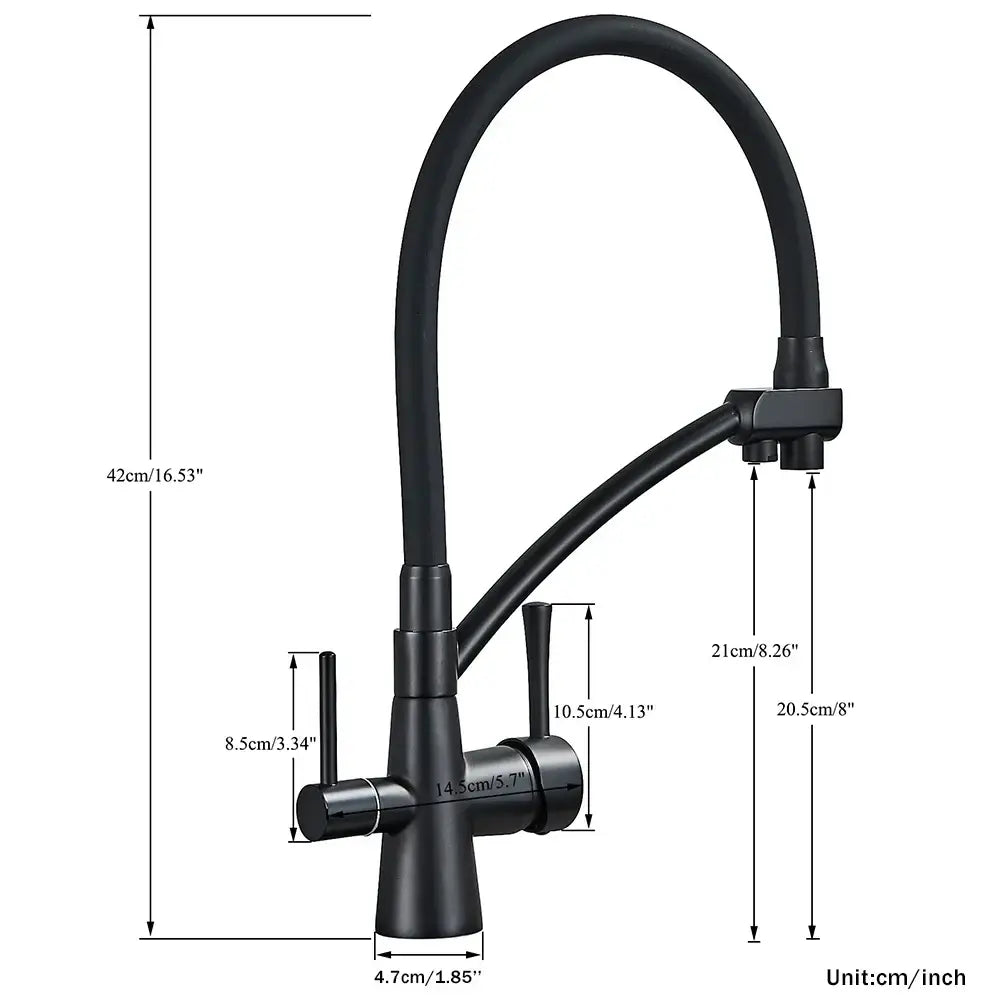 Matte black dual handle kitchen faucet with flexible gooseneck spout and filtered water for decorbites black kitchen faucet