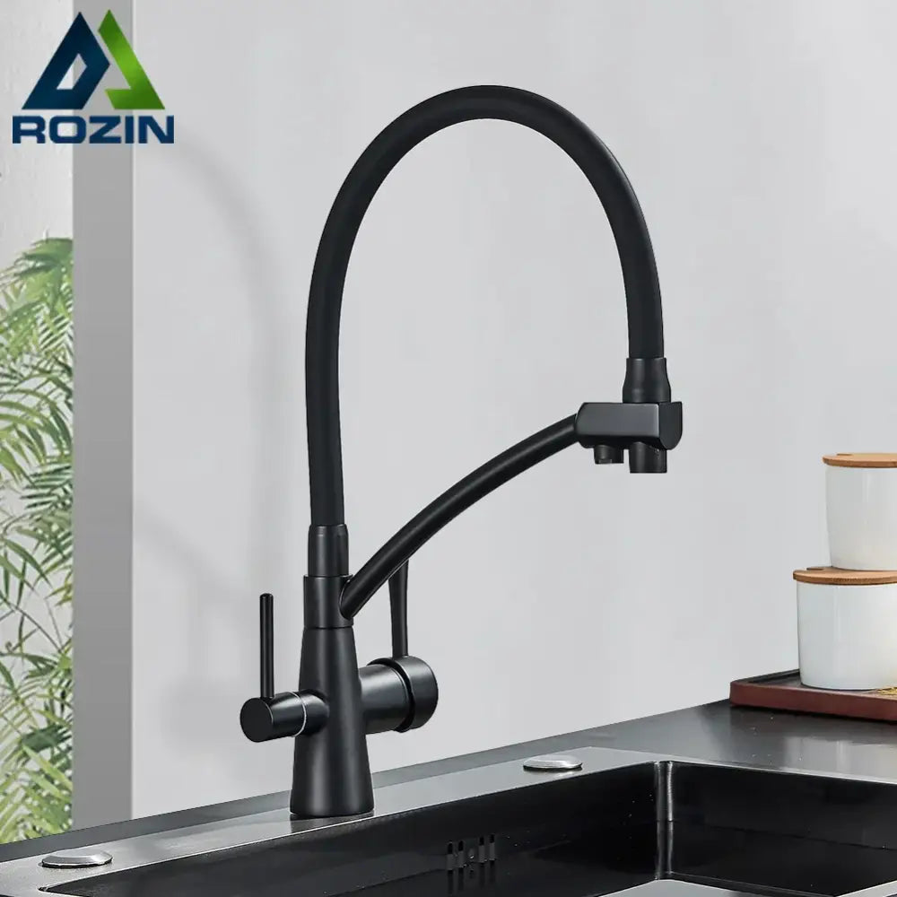 Matte black decorbites kitchen faucet with dual handles and flexible gooseneck spout for filtered water use