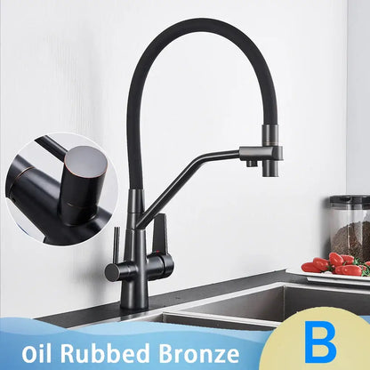 Matte black dual handle kitchen faucet with filtered water spout and oil-rubbed bronze flexible gooseneck by decorbites black