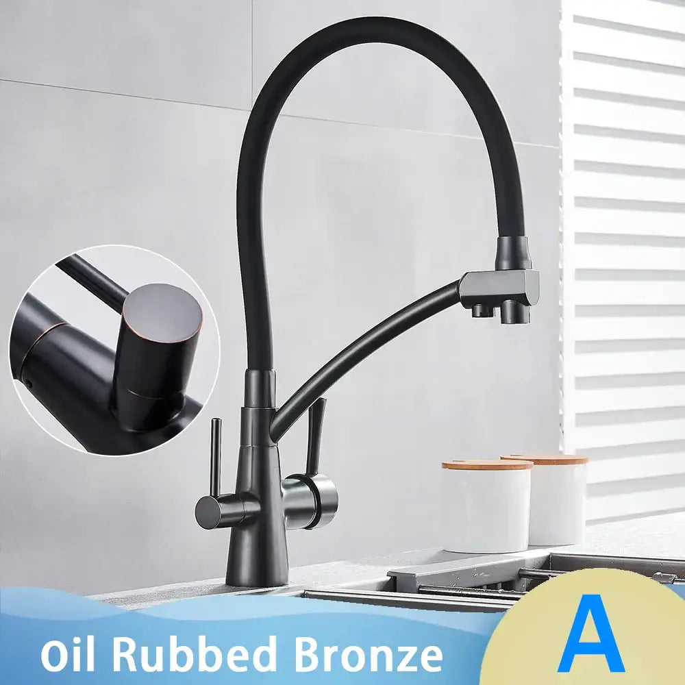 Matte black decorbites black dual handle kitchen faucet with flexible gooseneck spout and filtered water feature