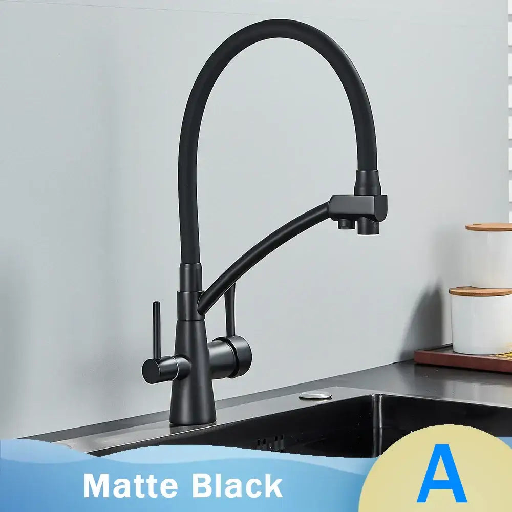 Matte black kitchen faucet with dual handles and sleek curved filtered water spout by decorbites black