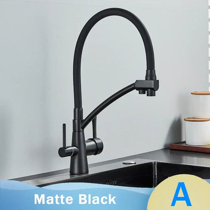 Matte black kitchen faucet with dual handles and sleek curved filtered water spout by decorbites black