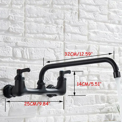 Matte black dual handle kitchen faucet with swivel hot cold tap and curved spout featuring integrated hose