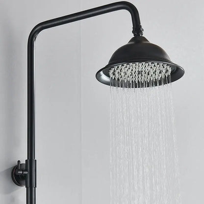 Matte black dual handle shower mixer tap with a curved arm shower faucet featuring multiple water jets