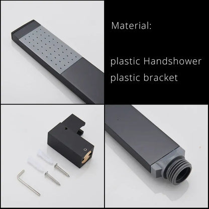 Matte black dual handle mixer tap with black plastic handheld showerhead and matching mounting bracket by decorbites