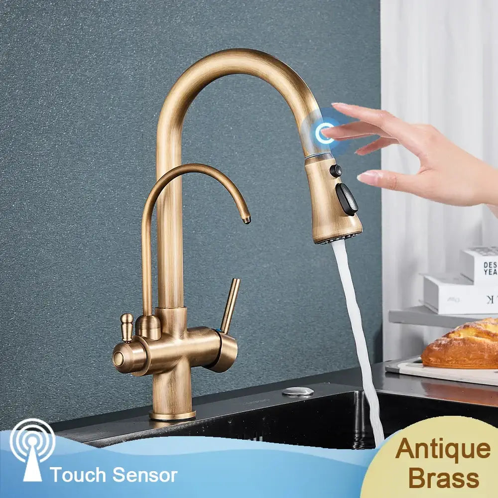 Antique brass touch sensor kitchen faucet with curved spout and pull down spray head for decorbites black dual modes
