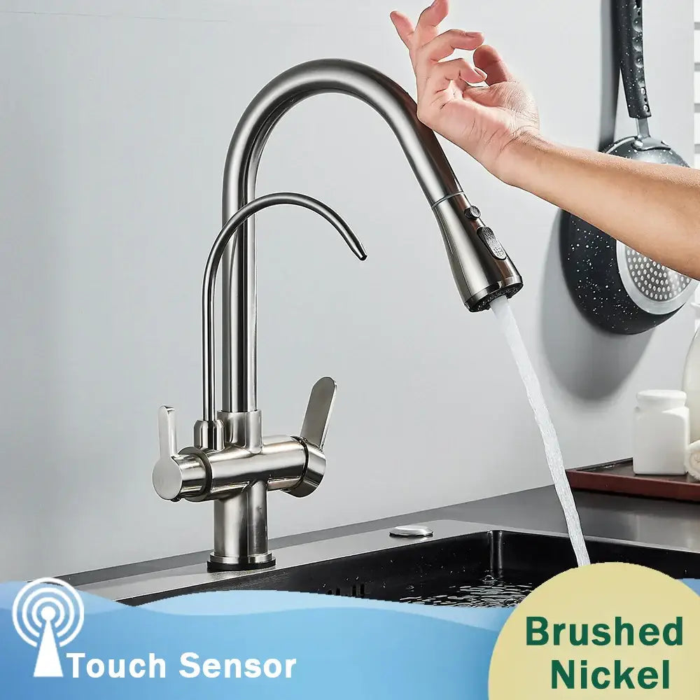 Matte black dual modes kitchen faucet by decorbites with pull down sprayer and brushed nickel touch sensor curved spout