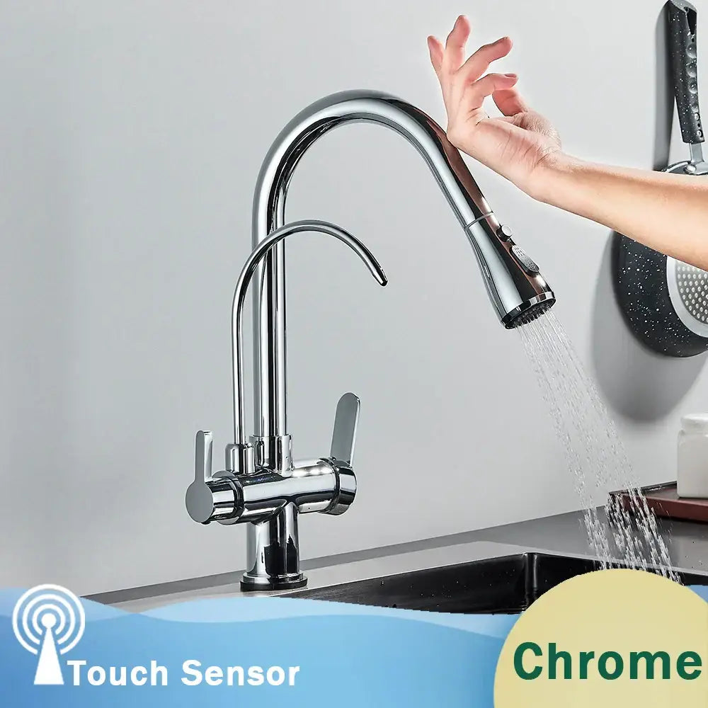 Chrome-finished kitchen faucet with touch sensor, sleek arched spout, and pull-down spray head for decorbites black dual modes