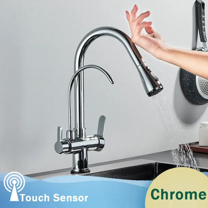 Chrome-finished kitchen faucet with touch sensor, sleek arched spout, and pull-down spray head for decorbites black dual modes
