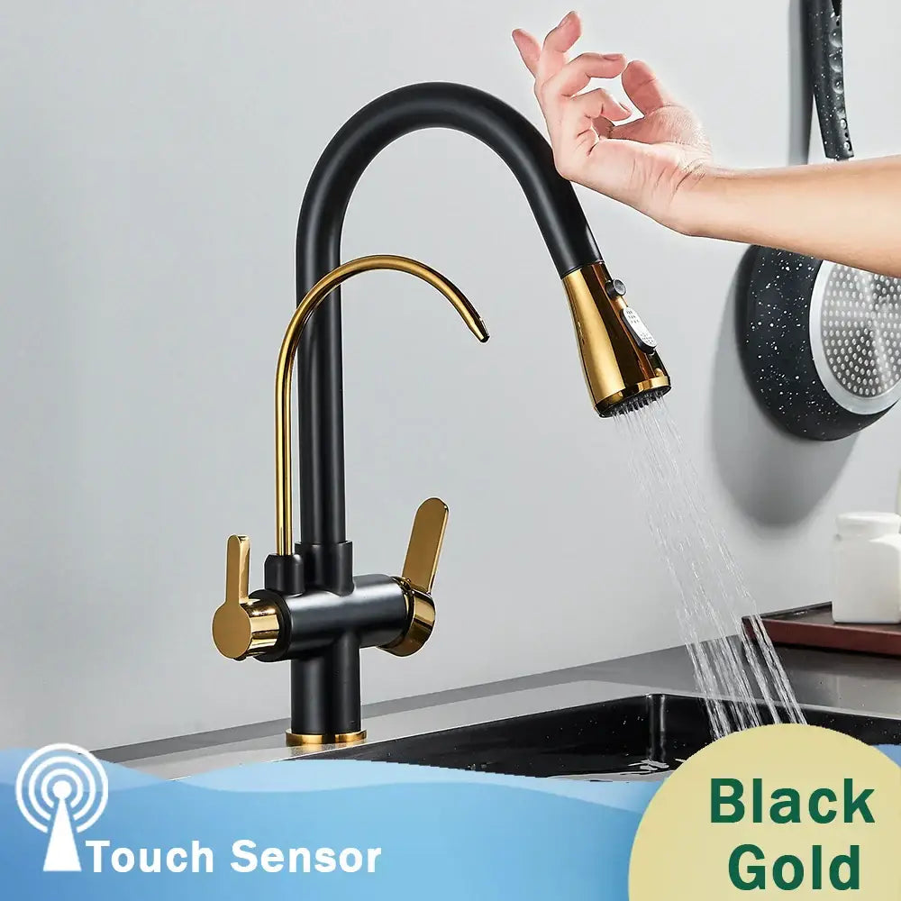 Matte black decorbites black dual modes kitchen faucet with black and gold touch sensor and pull down sprayer