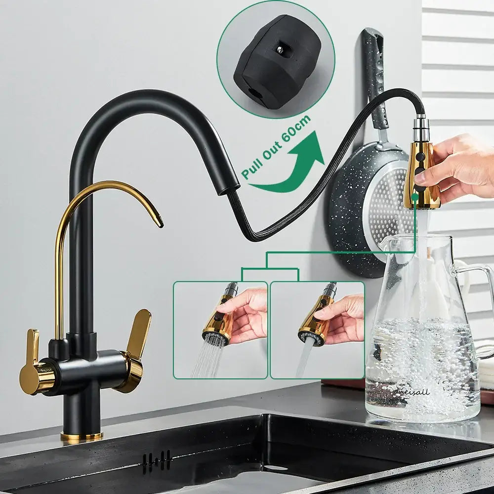 Matte black dual modes kitchen faucet with pull down sprayer featuring decorbites black dual handles and flexible hose