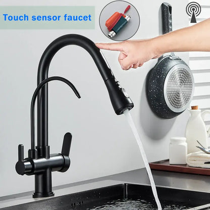 Matte black decorbites black dual modes kitchen faucet with touch sensor and pull-down sprayer in modern design