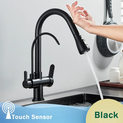 Matte black dual modes kitchen faucet by decorbites with touch sensor and curved pull down sprayer spout